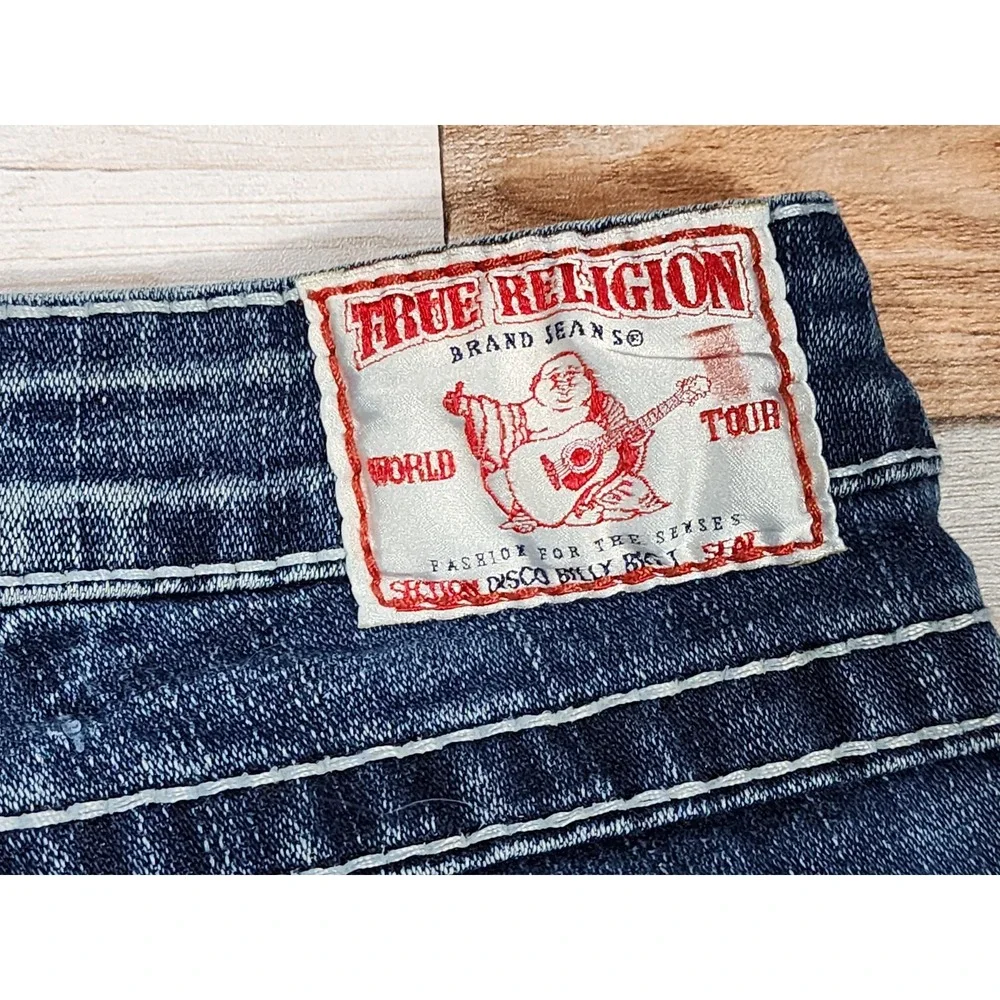 True‎ Religion Blue Bootcut Distressed Embellished Pockets High Rise Jeans Sz 26